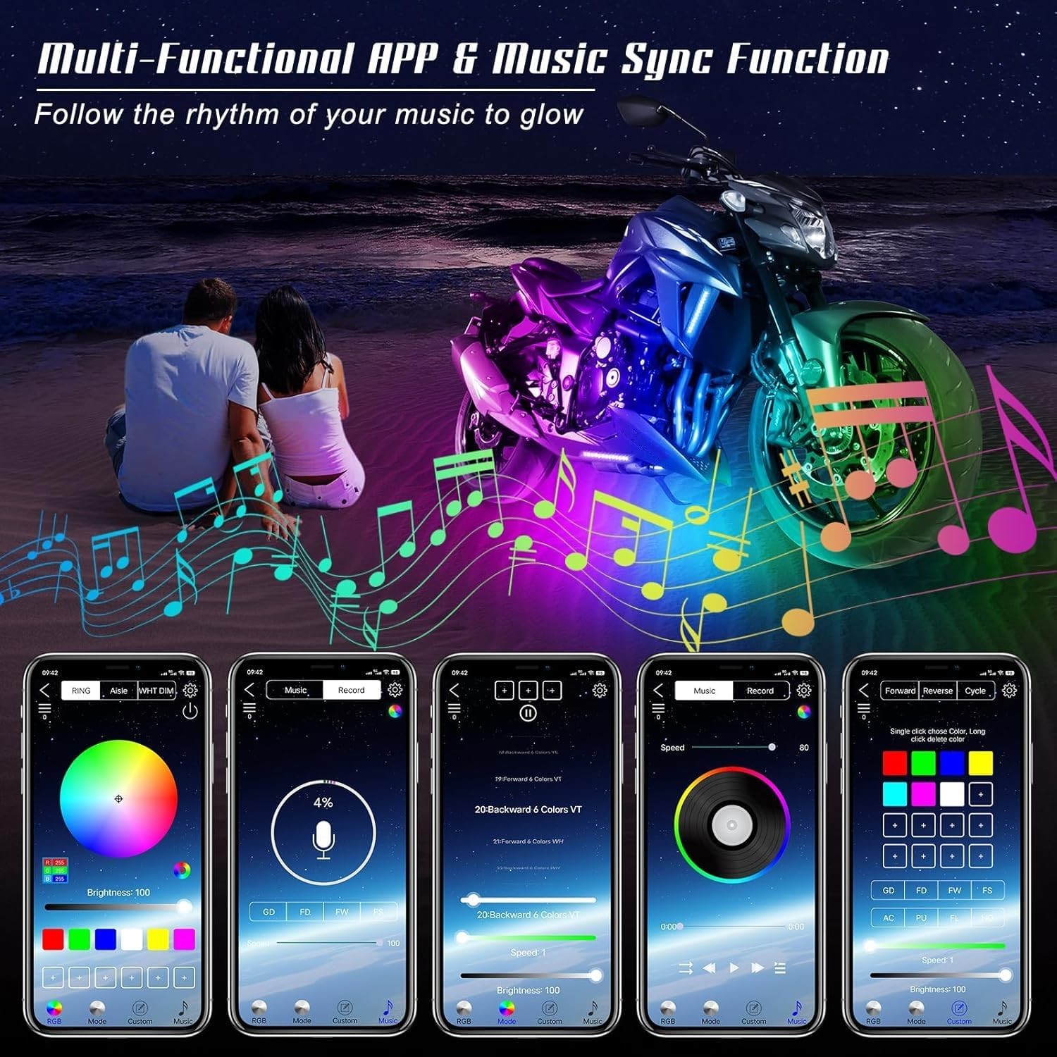 RGB LED Light Kit 6 Pcs Motorcycle App Control Music gallery
