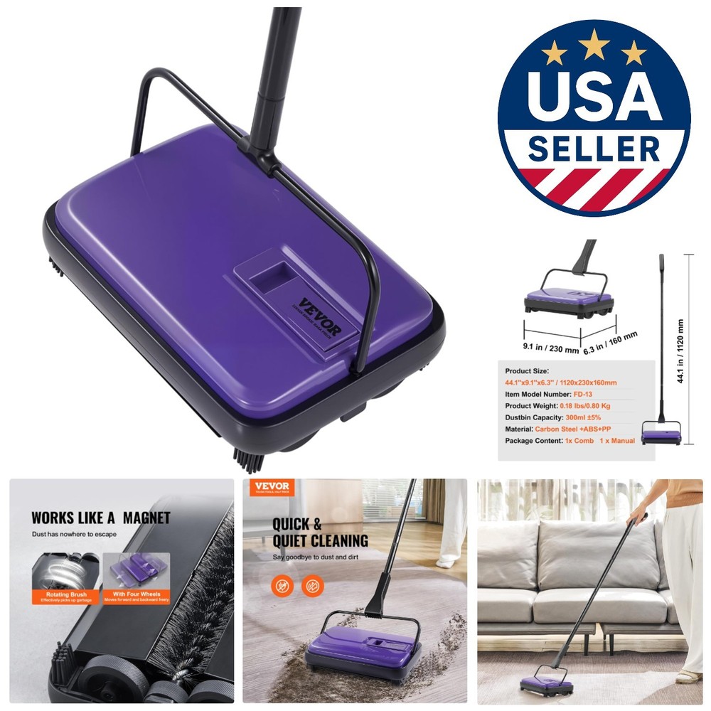 Lightweight Floor Sweeper - Easy to Empty, 6.7 Inch for Hard Floors & Carpets