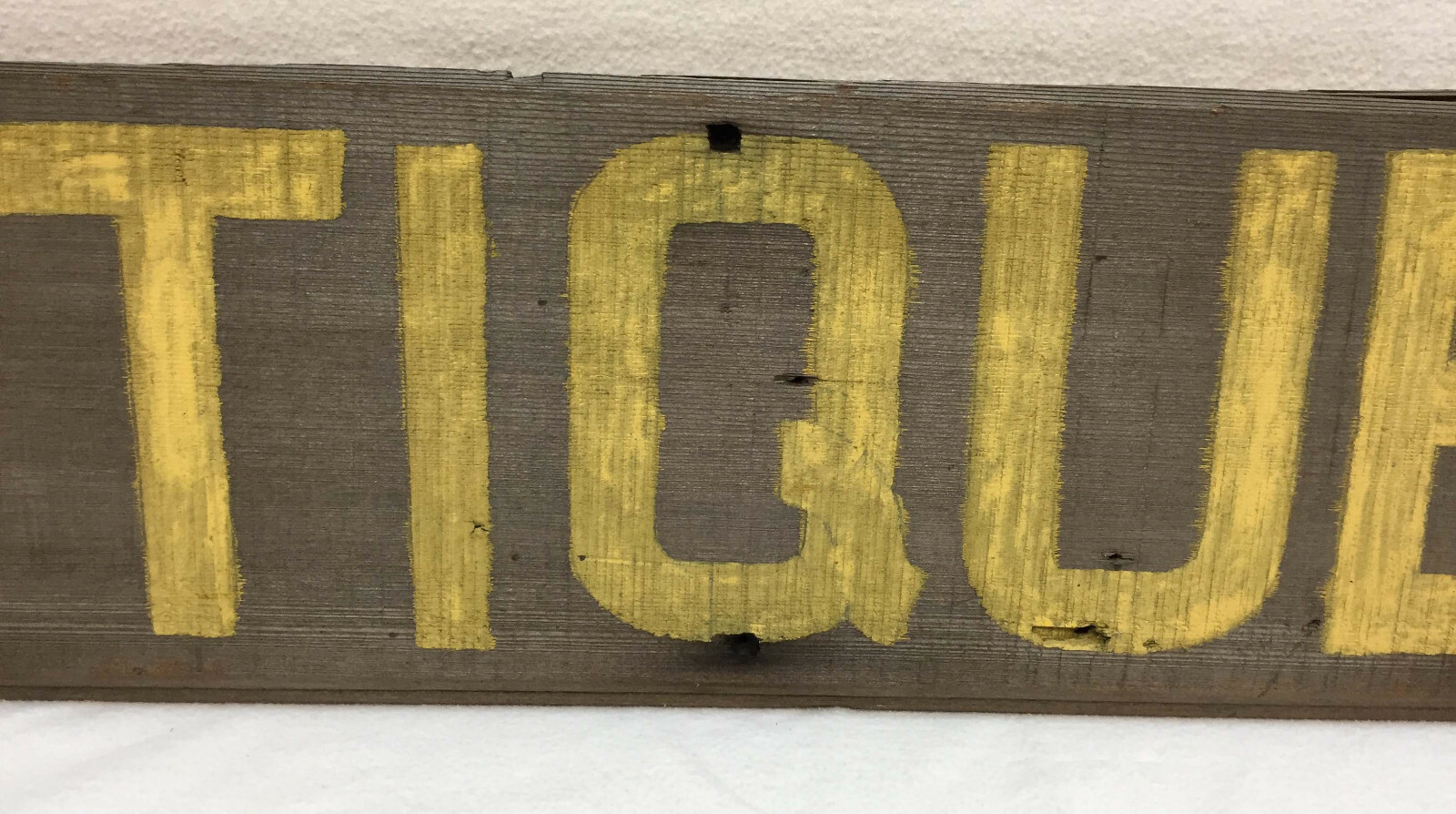 Weathered Lapped Barn Wood Sign " ANTIQUES " in Yellow Paint 38" x 7 1/4" gallery