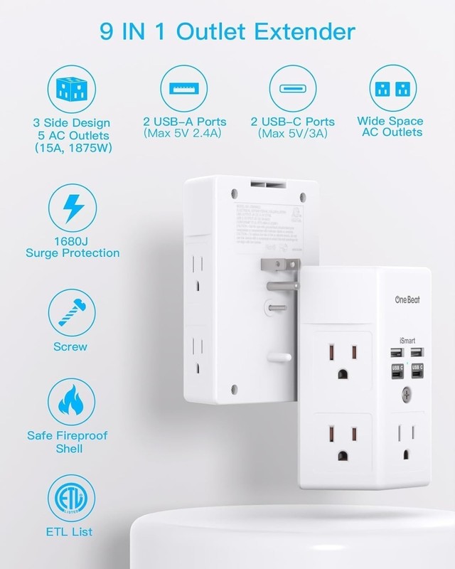 5 Outlet Extender Surge Protector Multi Plug Wall Adapter USB Charger Ports with gallery