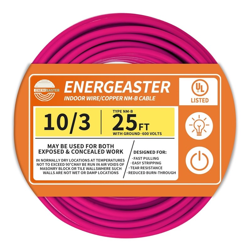 Solid Indoor 10/3 Type NM-B Pure Copper Cable 25FT, Pink, 10 AWG 3 Conductors... gallery