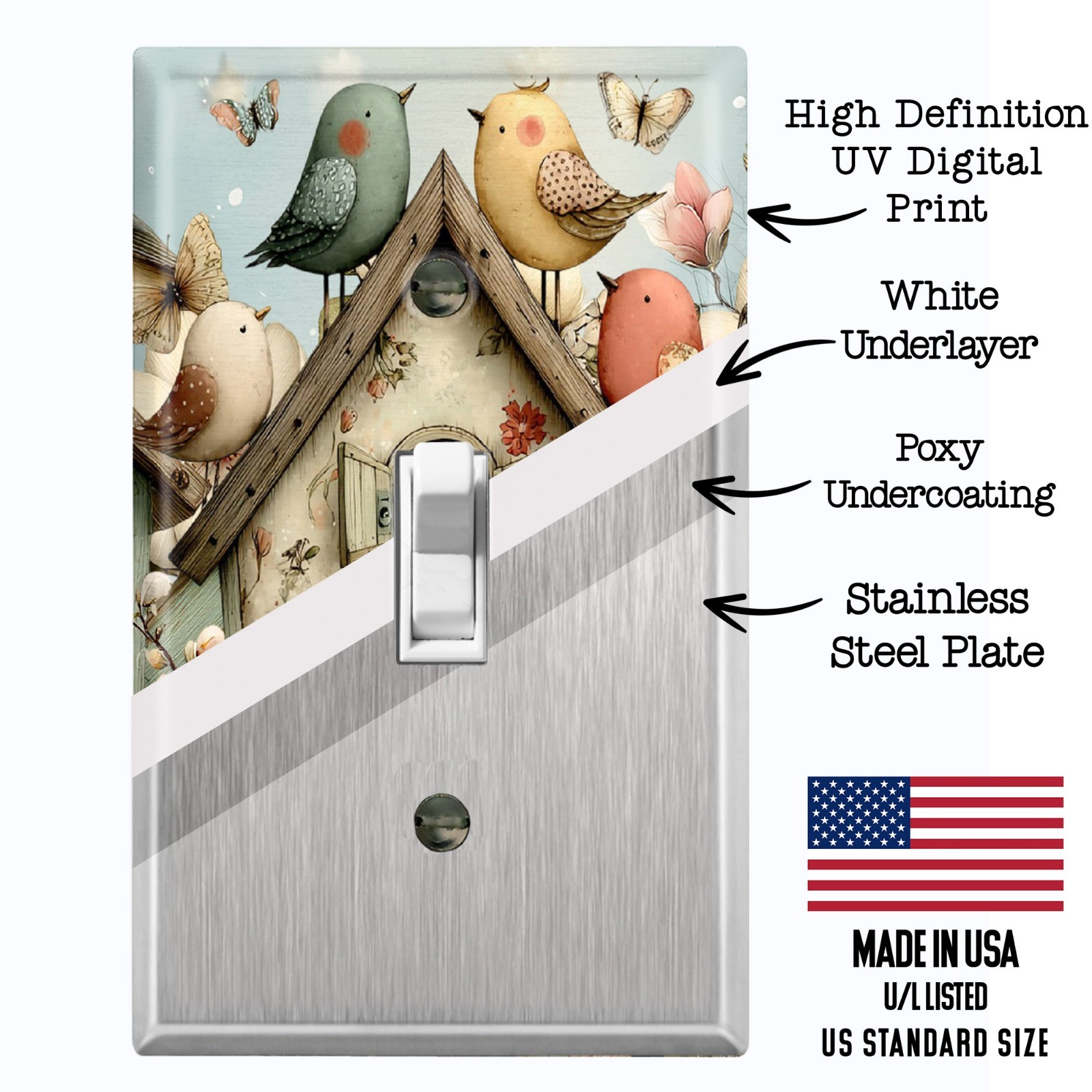 Metal Light Switch Outlet Cover Wall Plate Pastel Floral Birdhouses Decor AML240 gallery