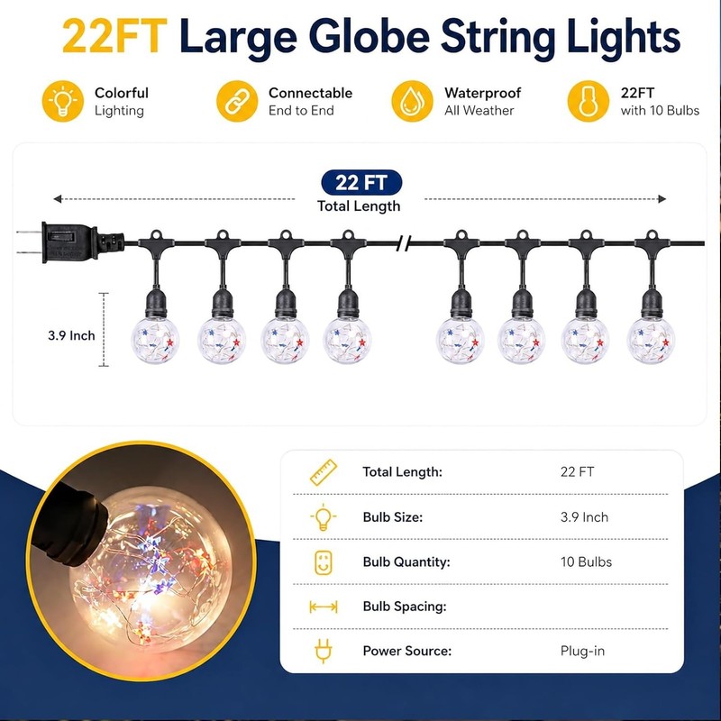 22Ft Patriotic String Lights, Red White Blue Globe String Lights Connectable ... gallery
