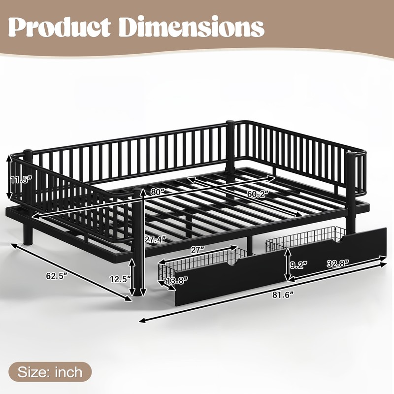 Queen Size Metal MDF Platform Bed Frame Daybed Slatted W/ Storage Drawers Black gallery