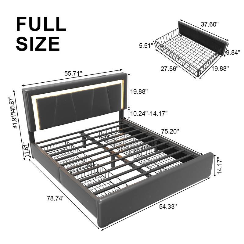 Full Queen Bed Frame with 4 Storage Drawers and Charging&LED Headboard gallery