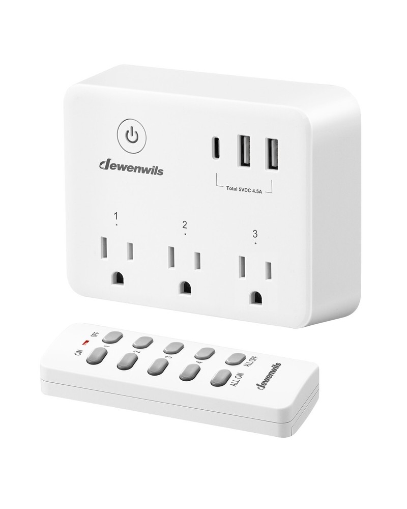 DEWENWILS 6 Device Remote Control Outlet Plug-in USB Outlet 125V/15A/1875W 100FT