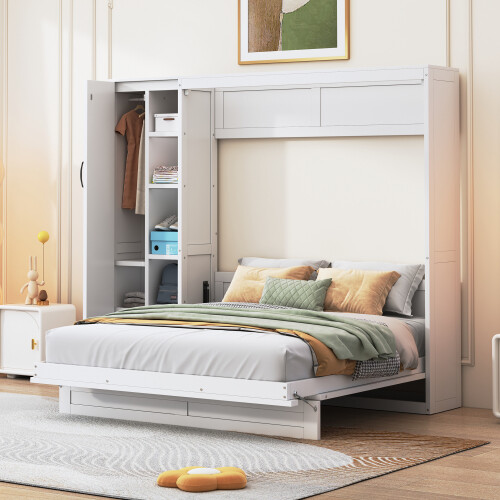 Full Queen Size Murphy Bed Wall Beds with Wardrobe Storage Shelves & LED Lights gallery