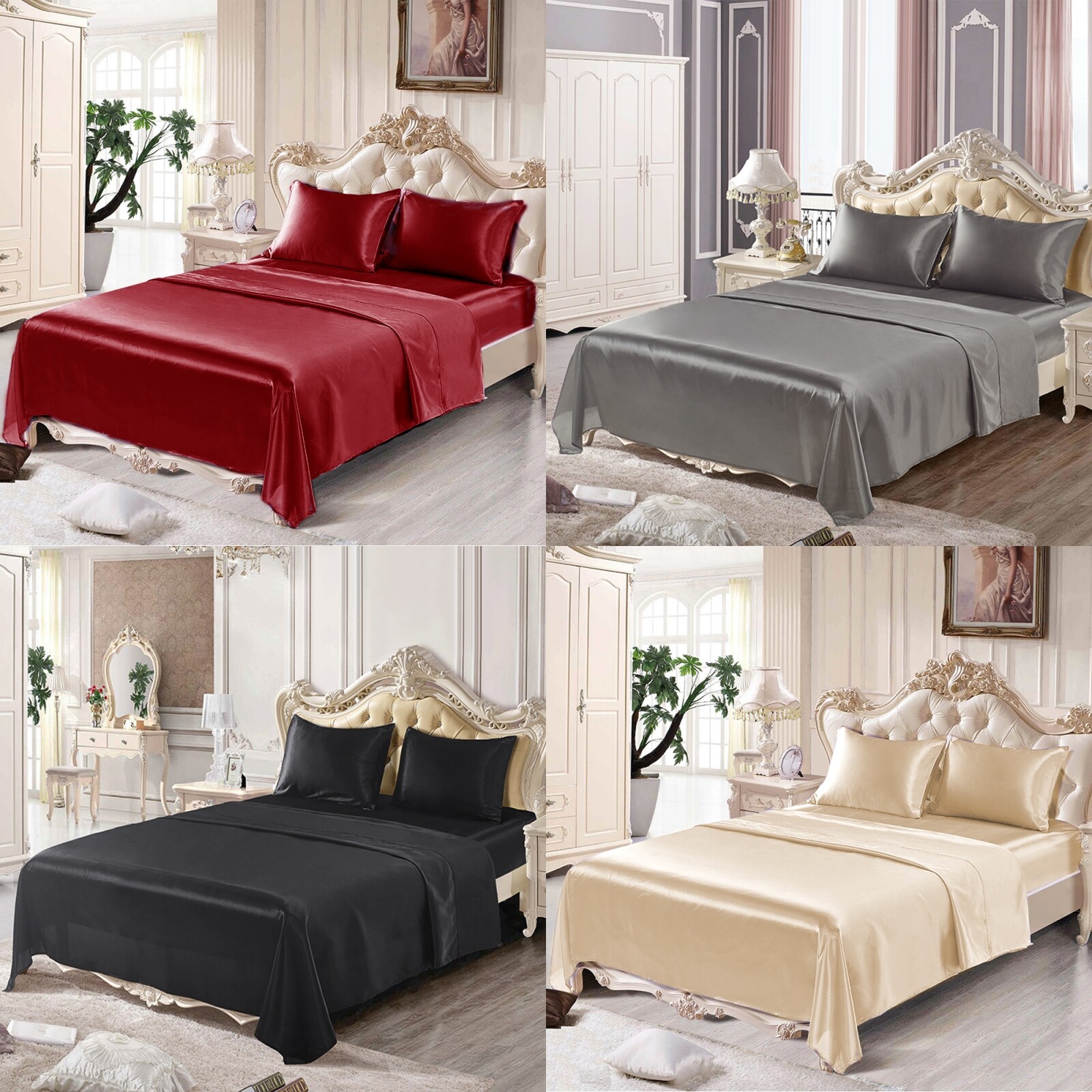 3/4 Pcs Satin Silk Sheet Set Deep Pocket Fitted Bed Sheet Flat Sheet Pillowcase gallery
