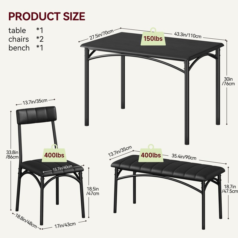 Dining Table Set for 4, Wood Kitchen Table with Upholstered Chairs and Bench gallery