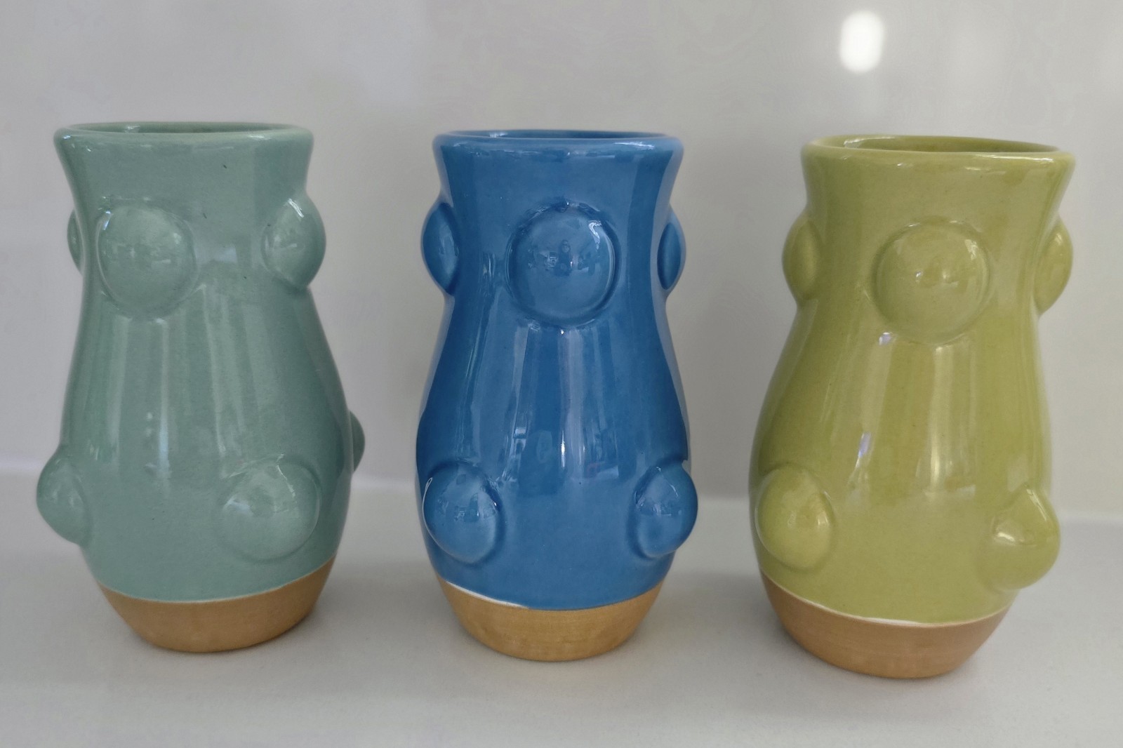 Stoneware Ceramic Bud Vases Set Of Three New Tags Blue Yellow Green gallery