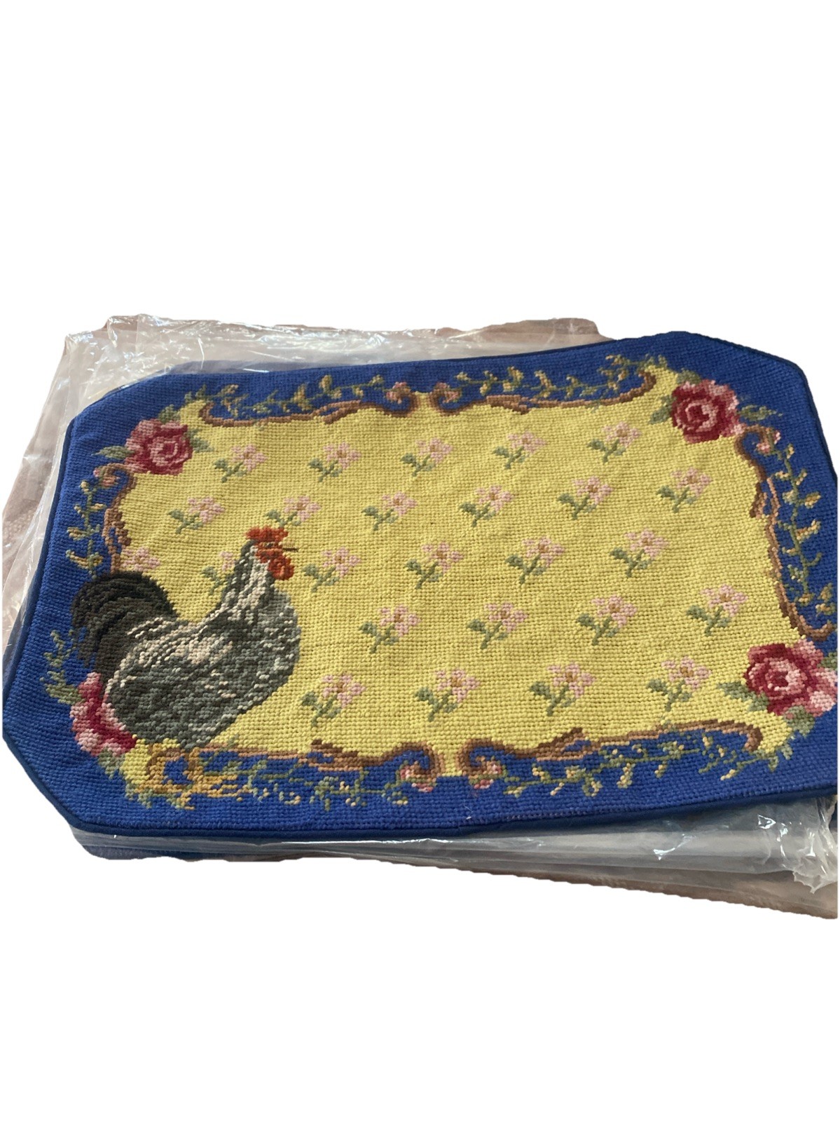 Handmade Needlepoint Rooster Blue Yellow Roses Placemat French Country Flowers gallery