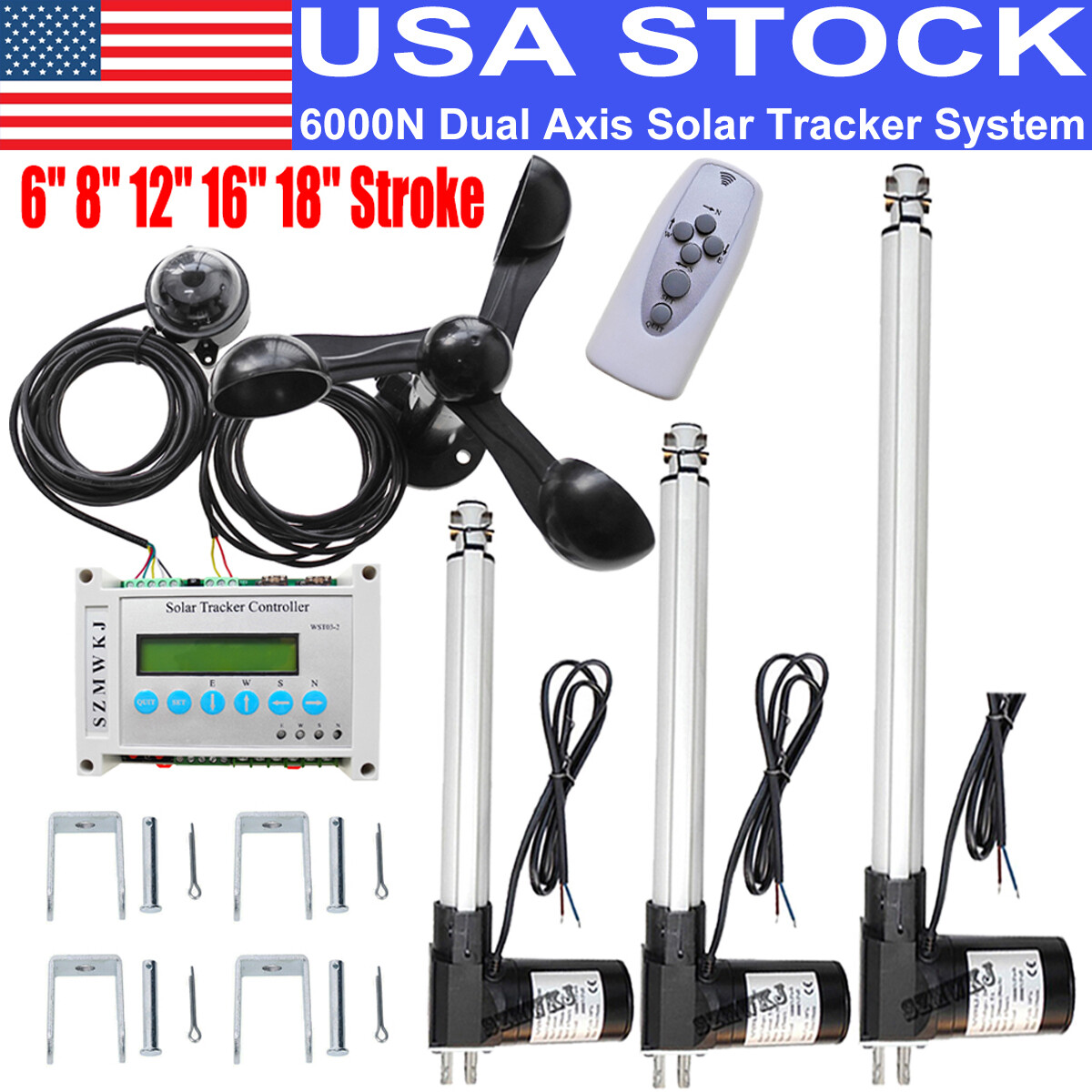 Dual Axis Solar Panel Tracker Controller W/6000N Linear Actuator Anemometer Kit gallery
