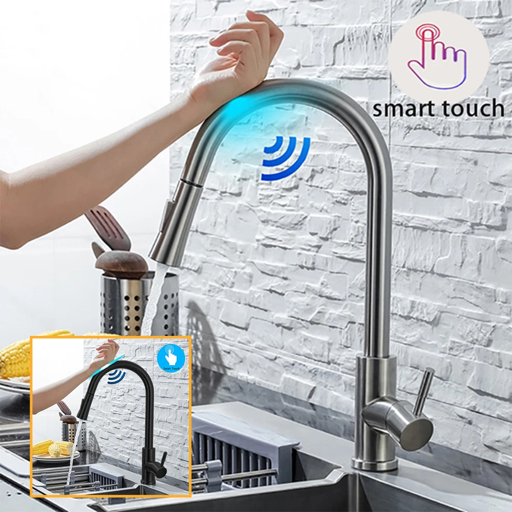 DQOK Kitchen Faucet Pull Out Brushed Nickle Sensor Stainless Steel Black Smart gallery