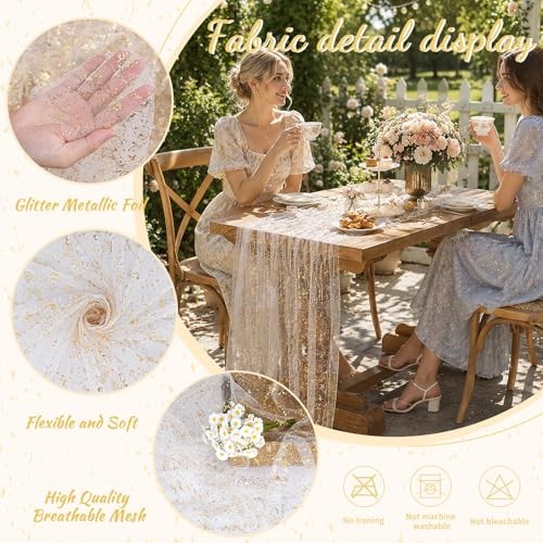 Gauze Table Runner 120 Inch 10FT, Sequin Metallic Foil 28"x120" Beige Gold gallery