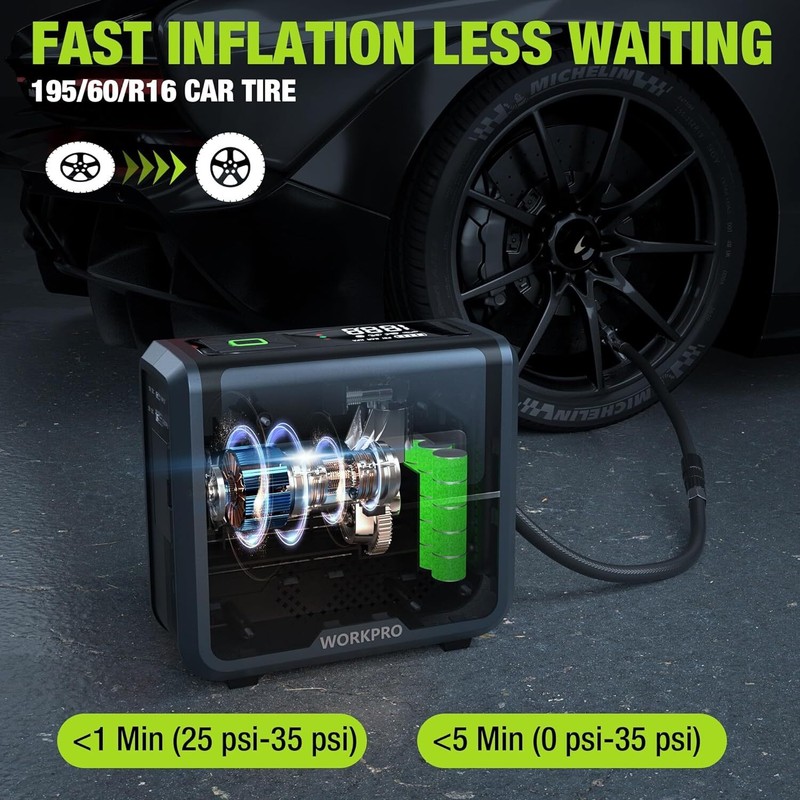 WORKPRO Tire Inflator Portable Air Compressor-12V w/7500mAh Battery150PSI 3-in-1 gallery