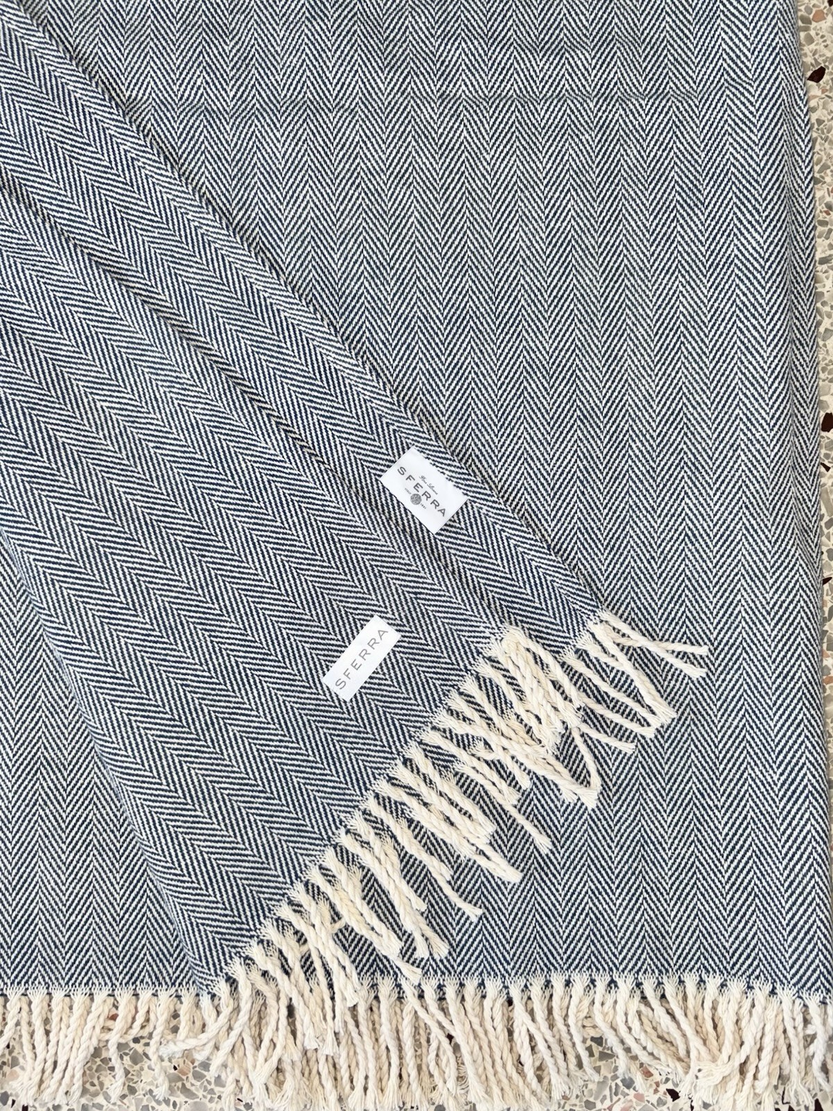 Sferra Celine Herringbone, 100% Cotton Throw Blanket - Cadet Navy Blue White gallery