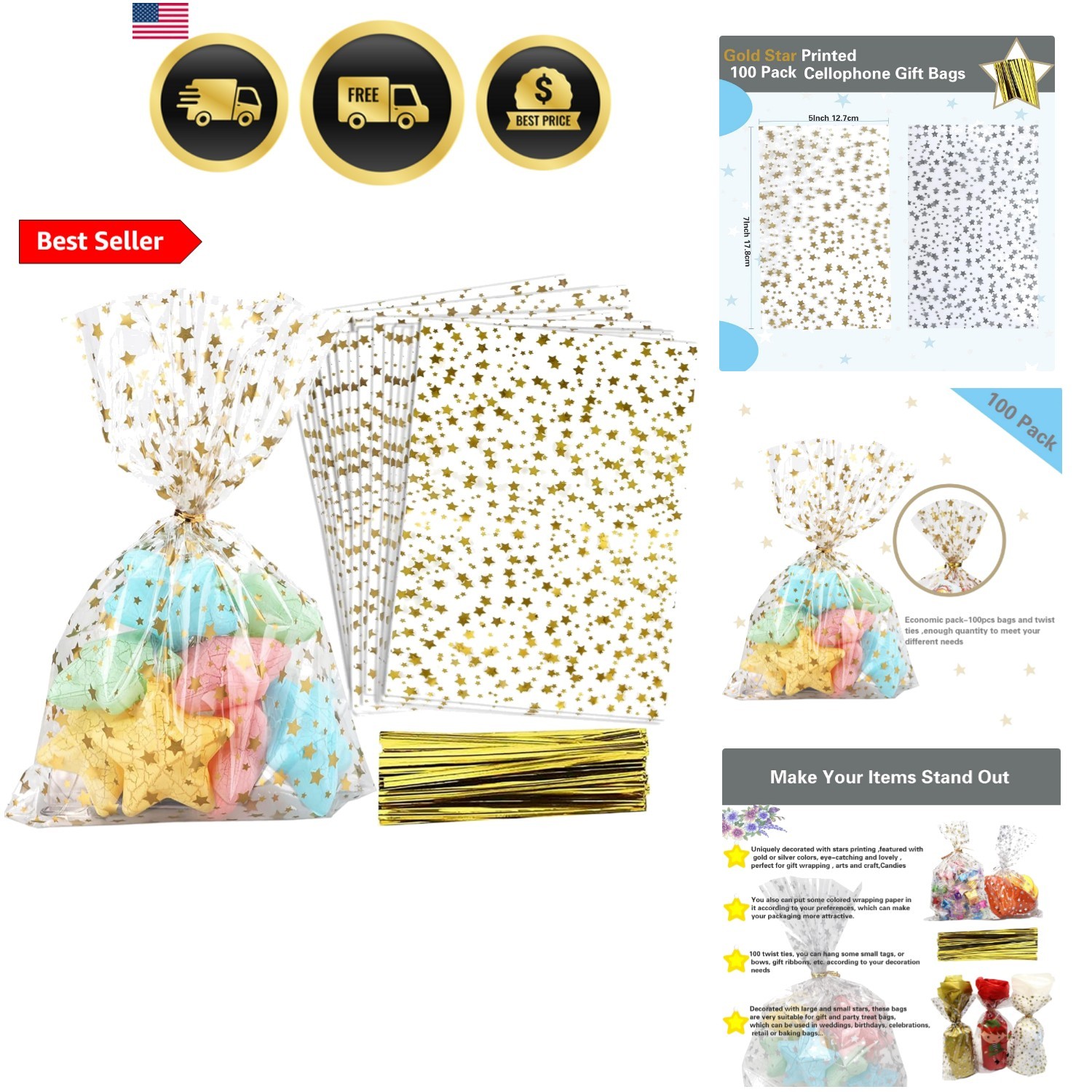 100 Pcs Star Printed 5"X 7" Gift Wrap Cello Cellophane Treat Bags Party Favor... gallery