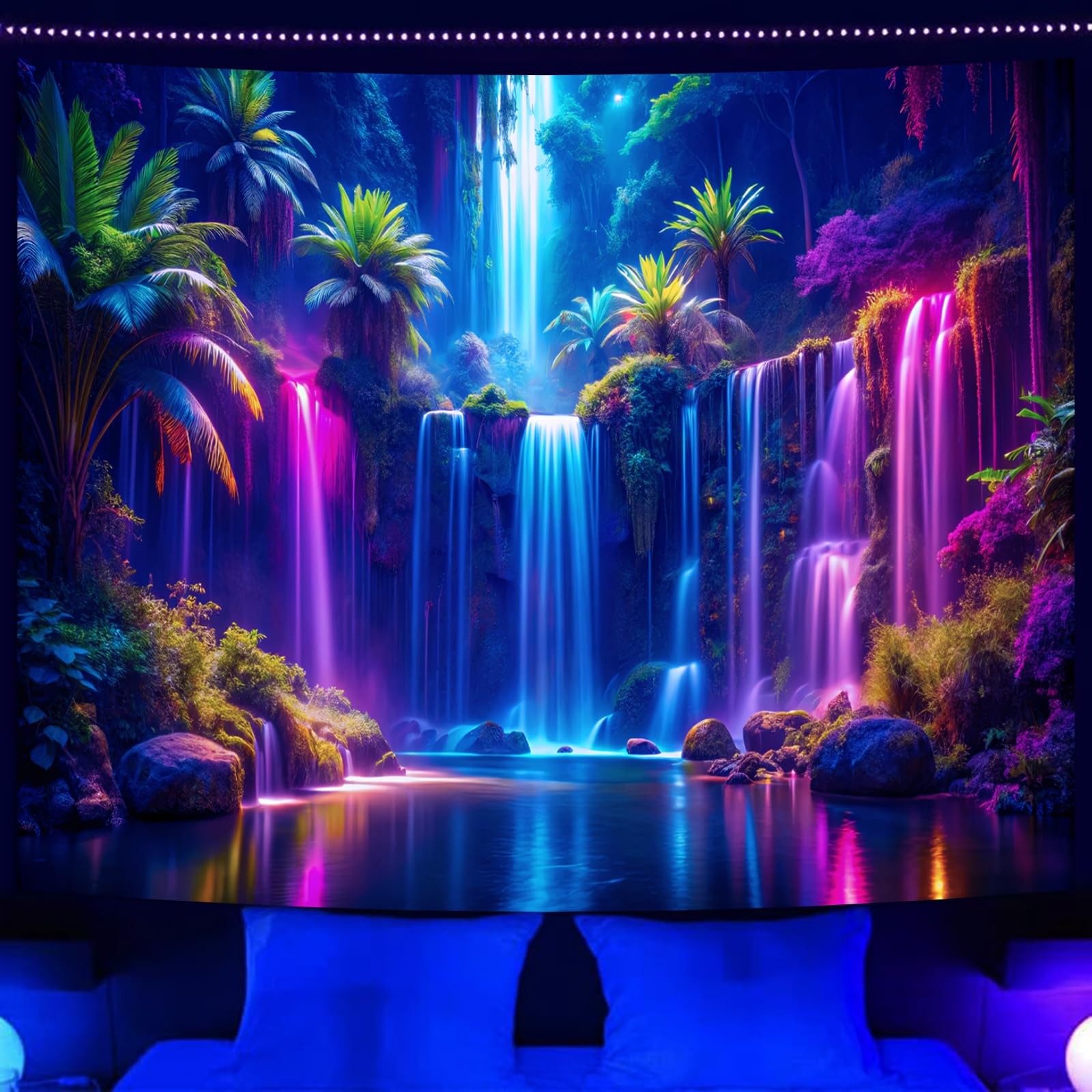 UV Reactive Blacklight Tapestry Forest Neon Waterfall Tree Wall Art 80x59" gallery