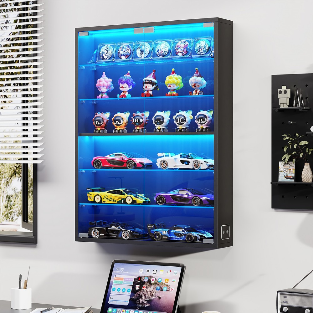 6-Tier Wall-Mounted Display Cabinet with Removable Glass Shelves + 3-Color Light