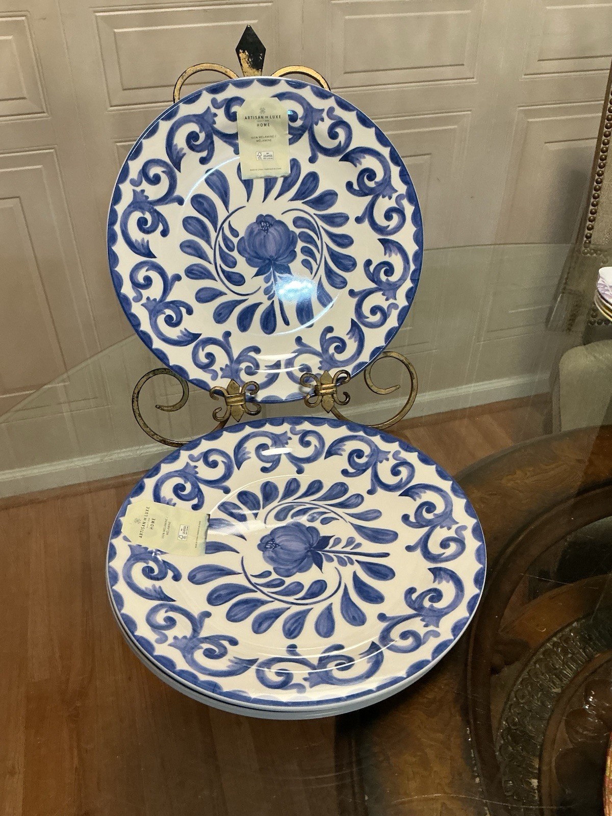 ARTISAN DE LUXE HOME MELAMINE Blue Rose Scroll Salad 9” Plate Set of 4 gallery