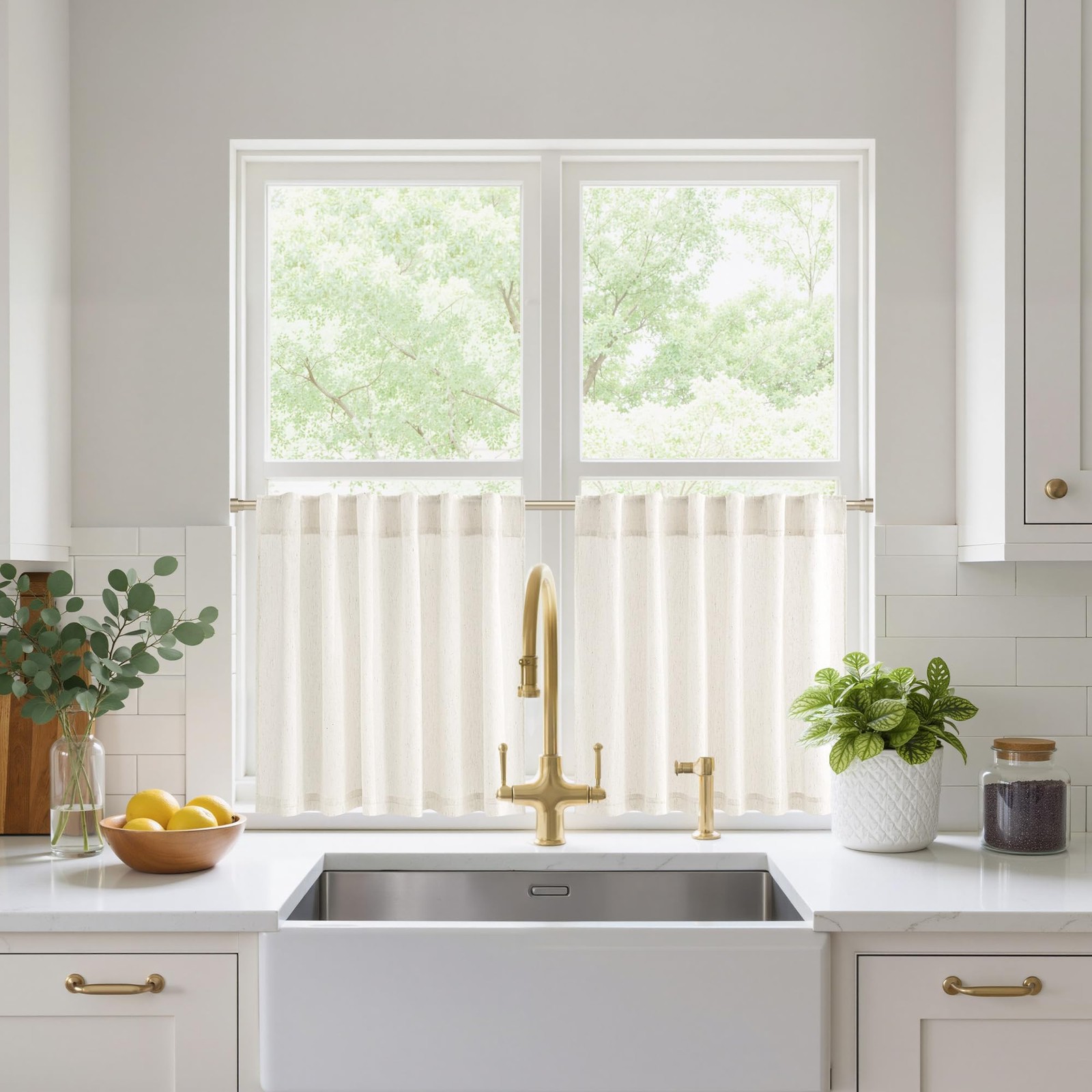 Cream Linen Kitchen Curtains 18 inches Long, Rod Pocket & Back Tab Thick Flax... gallery