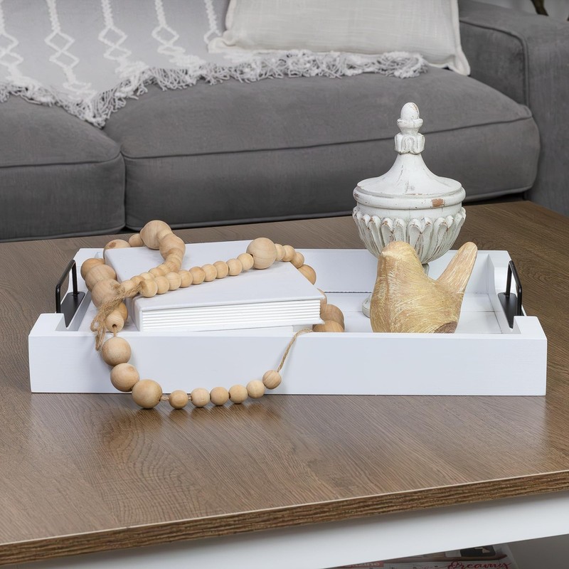 AuldHome Design Rustic Wood Serving 17" x 13" x 3", White With Black Handles gallery