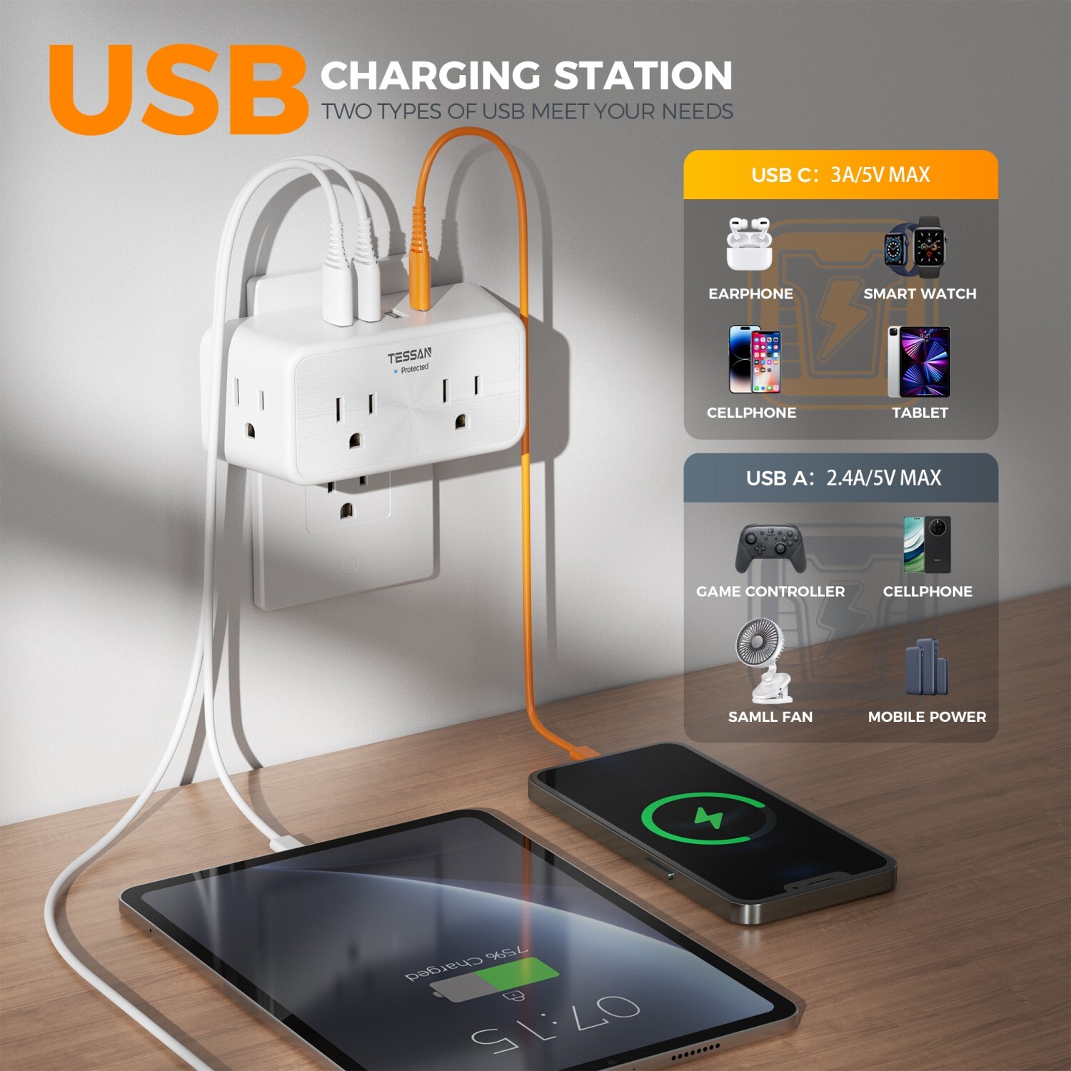 Multi Plug Outlet Extender Wall Surge Protector with 4 AC 4 USB Ports Charging gallery