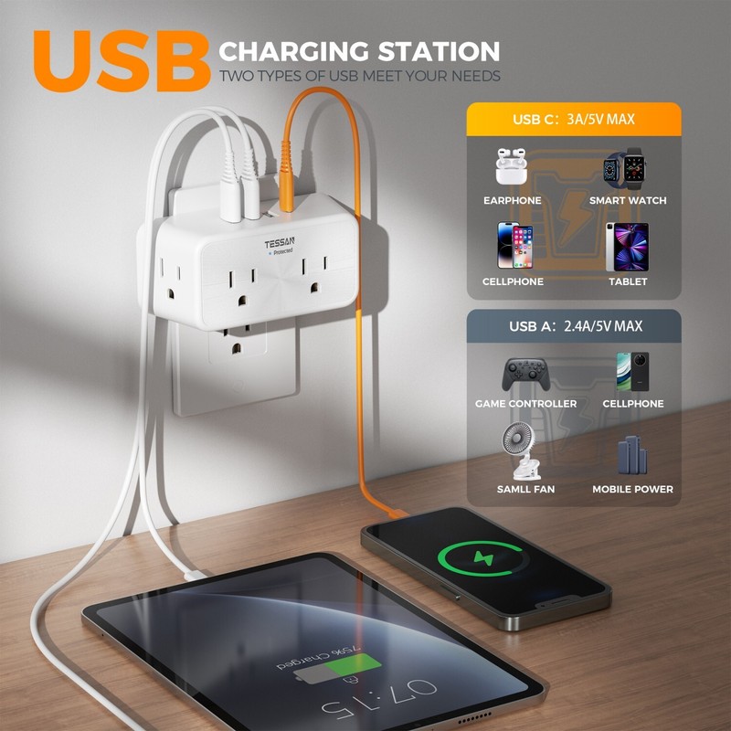 Multi Plug Outlet Extender Wall Surge Protector with 4 AC 4 USB Ports Charging gallery