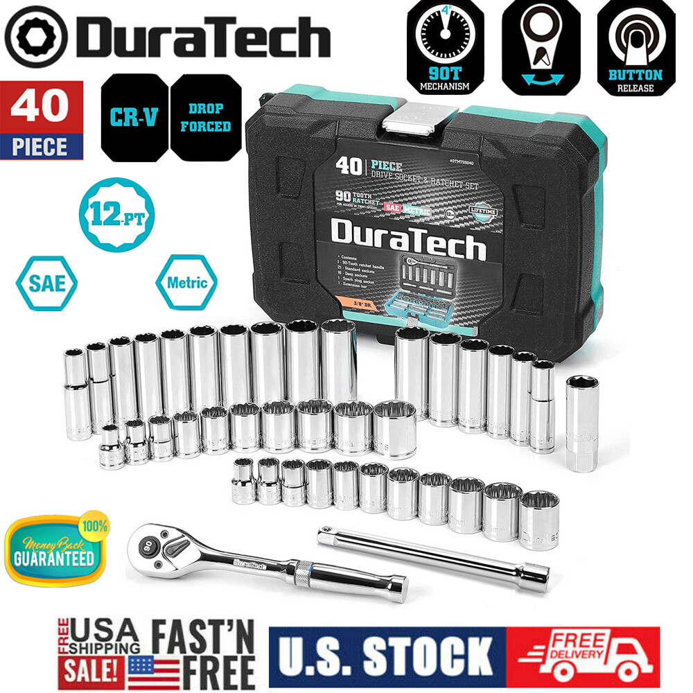 DURATECH 40 PCS 3/8" Drive Socket Set SAE & Metric Mechanics Tool Set w/Case NEW