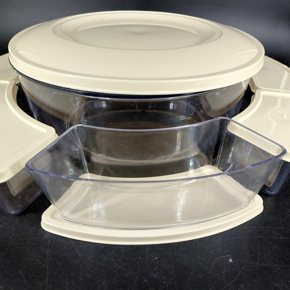 Vint Thermo Serv Storage Container Set Separated Round Snack 16 Cp Beige Lid USA