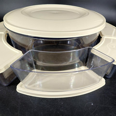 Vint Thermo Serv Storage Container Set Separated Round Snack 16 Cp Beige Lid USA