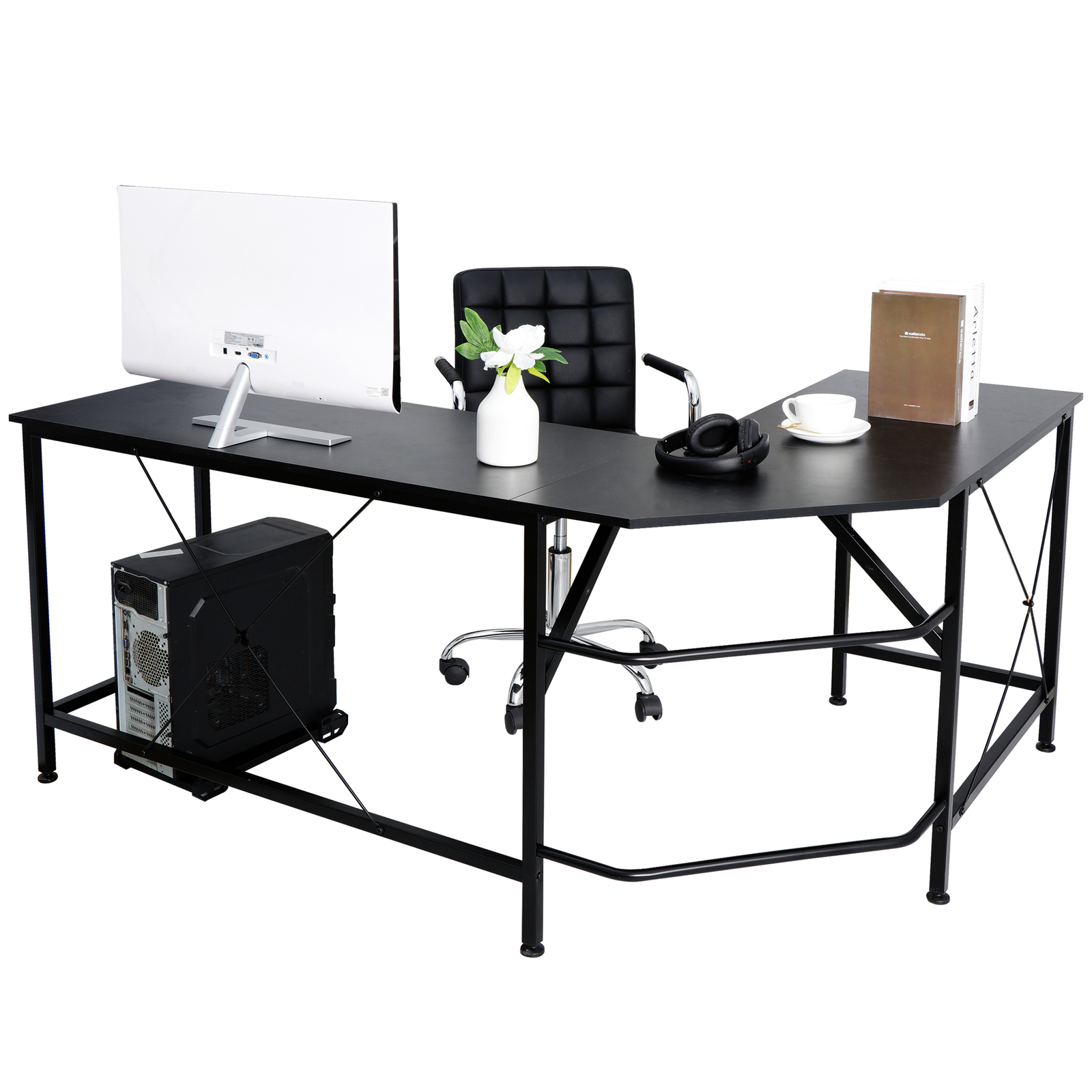 L-Shaped Corner Computer Desk Gaming Desk PC Laptop Table Workstation Black 66" gallery
