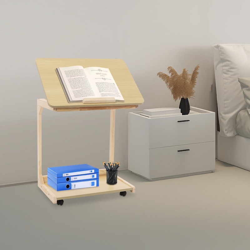 2 Tier C Shaped Table With 4 Wheels Couch Table End Table For Drink & Snack US gallery