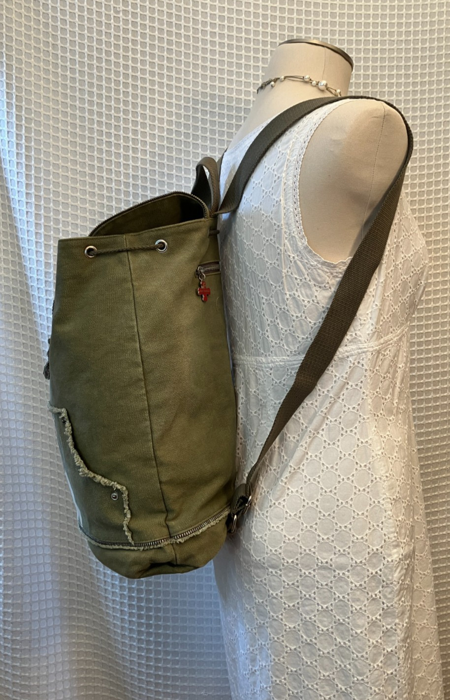 FUZZYNATION Backpack, Pug, Army Green Canvas with Tag, Pre-Owned 3
