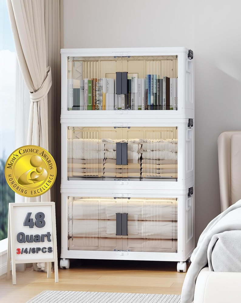144QT Lockable Storage Bins with Lids - Folding Storage Cabinet with Doors and W