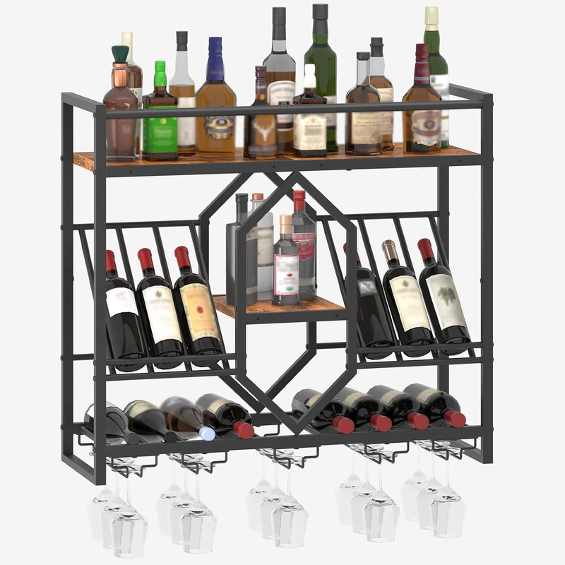 LED Wall Mounted Wine Rack, 3 Tier Shelf with Glass Holder, Rustic Brown & Black gallery