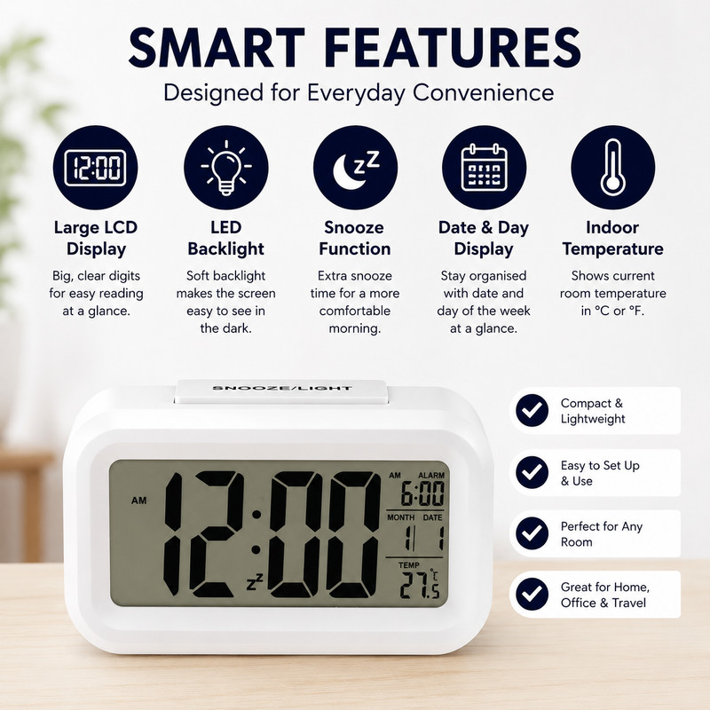 LCD Digital Alarm Clock LED Backlight Snooze Temp Date Calendar 9cm/3.5in Desk gallery
