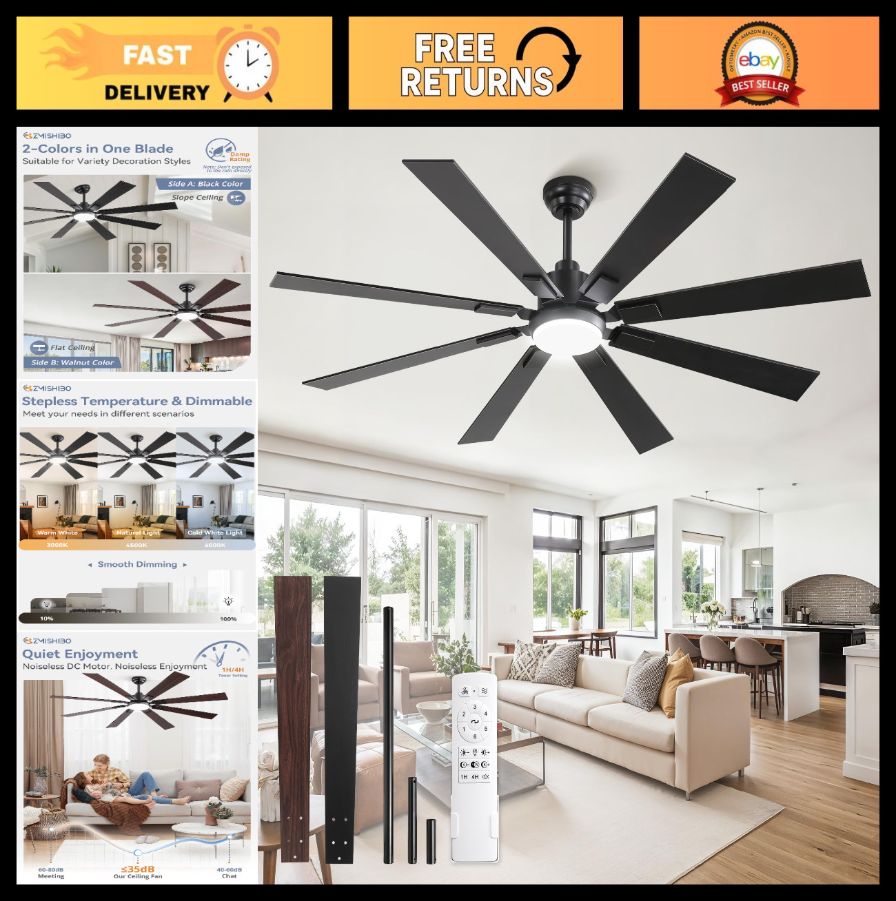 65" Black Ceiling Fan with Lights & Remote, Dimmable 3000-6000K, Quiet DC Motor, gallery
