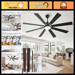 65″ Black Ceiling Fan with Lights & Remote, Dimmable 3000-6000K, Quiet DC Motor,