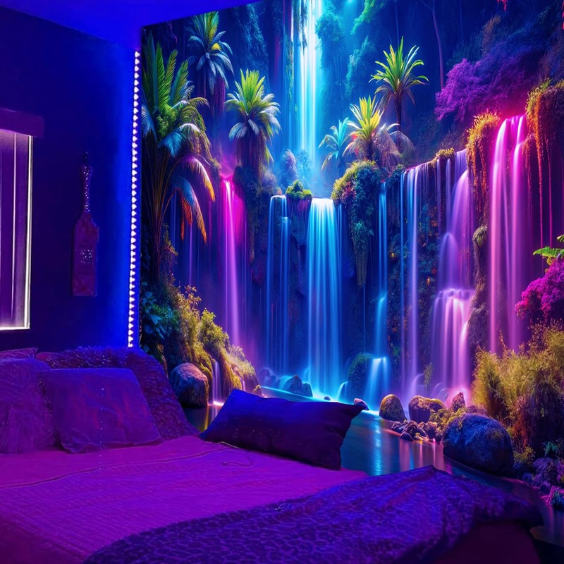 UV Reactive Blacklight Tapestry Forest Neon Waterfall Tree Wall Art 80x59" gallery