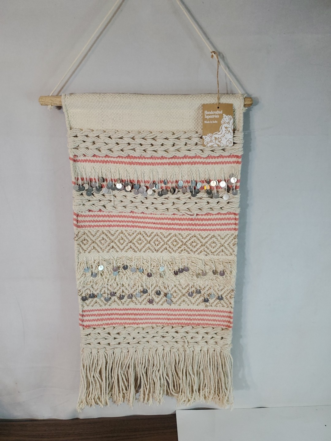 Cream Textured Embroidered Woven Hanging Tapestry Made In India Boho 25"X 14" gallery