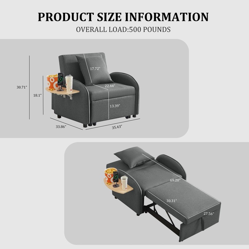 Convertible Sleeper Chair Pull Out Bed with USB Port & Foldable Side Table gallery