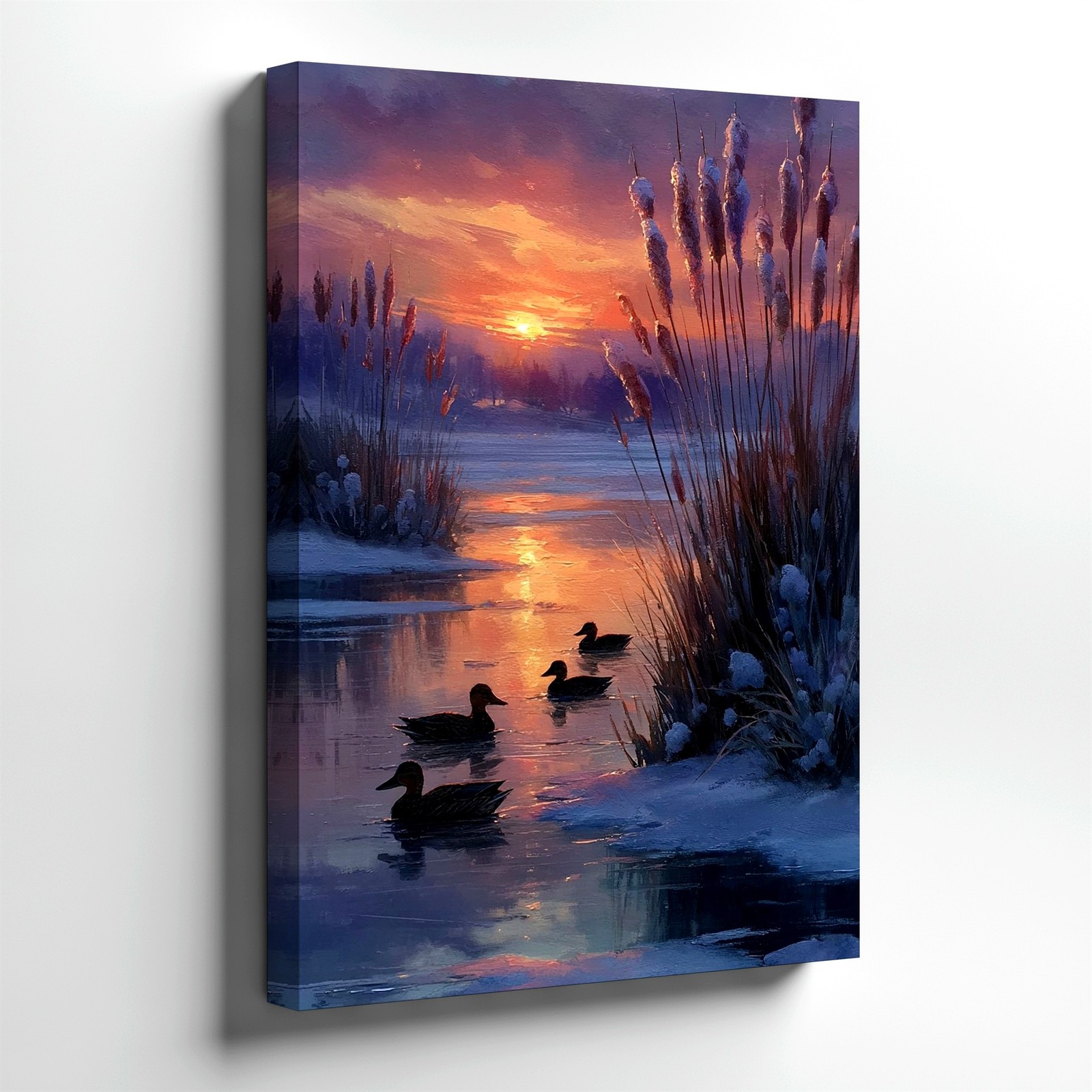 Wall Art Winter Sunset Lake Ducks Reeds Snowy Marsh Landscape Painting Print gallery