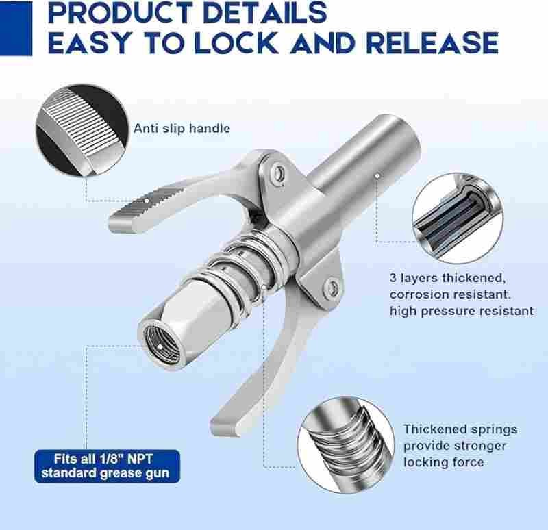 Grease Gun Coupler: Double Handle, High Pressure, Quick Release Lock Oil Nozzles gallery