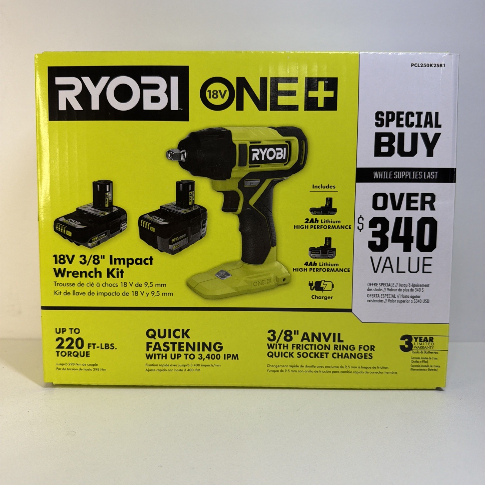 Ryobi ONE+ 18V 3/8 in Impact Wrench Kit 220 ft-lbs, 2Ah/4Ah Li-Ion+Chgr gallery