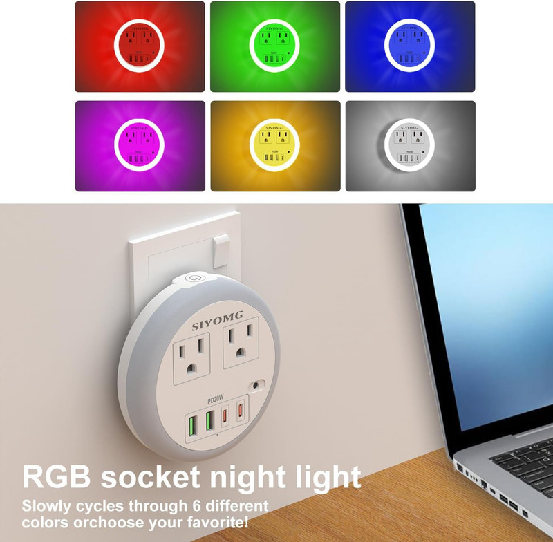 LED Night Lights Plug into Wall, Plug in Night Light with 4 USB Ports and 2 Outl gallery