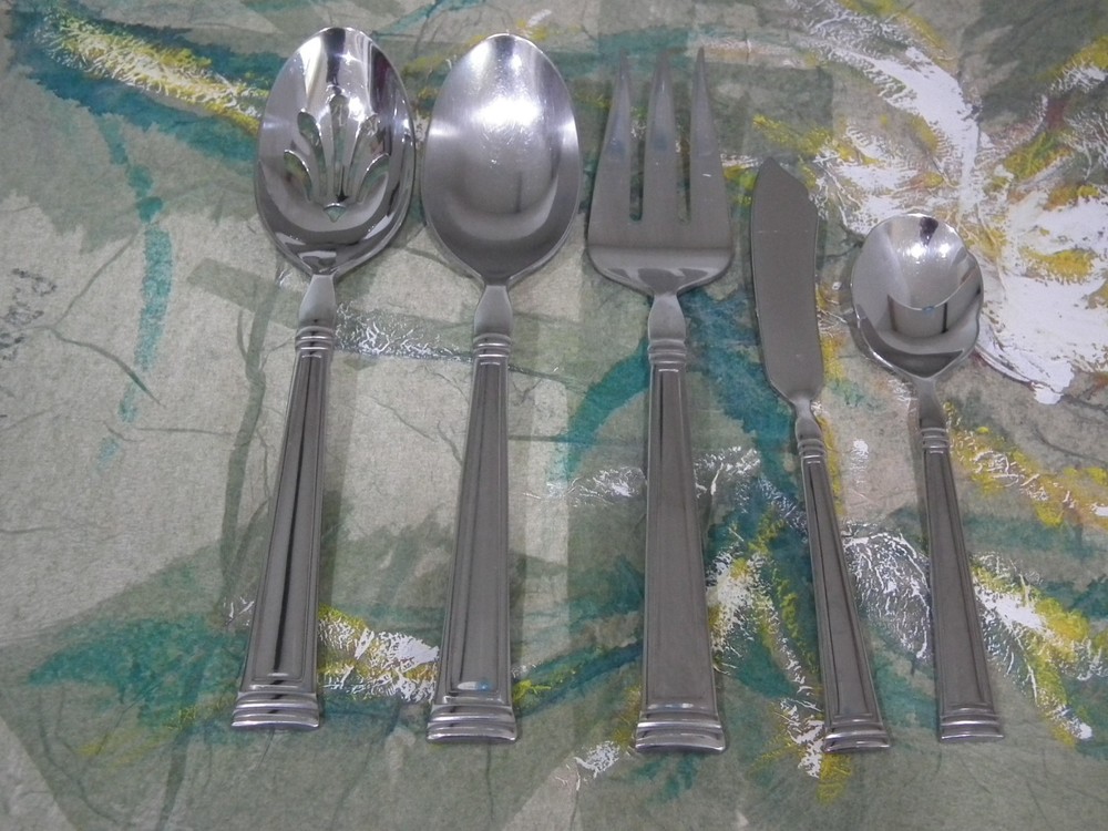 Lenox Esquire (5) Serving Pieces-Solid, Slotted, Sugar Spoons, Meat Fork, Butter
