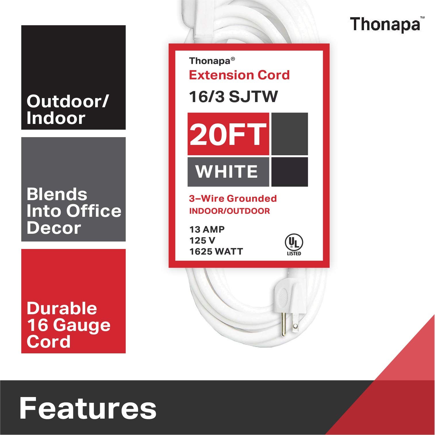 20 Ft White Extension Cord - 16/3 Durable Outdoor Electrical Cable gallery