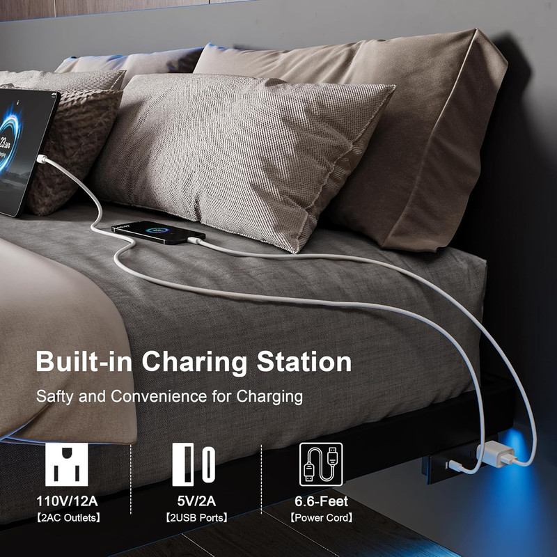 Full Size Floating Bed Frame with Charging Station and Led Lights, Metal Bed Fra gallery