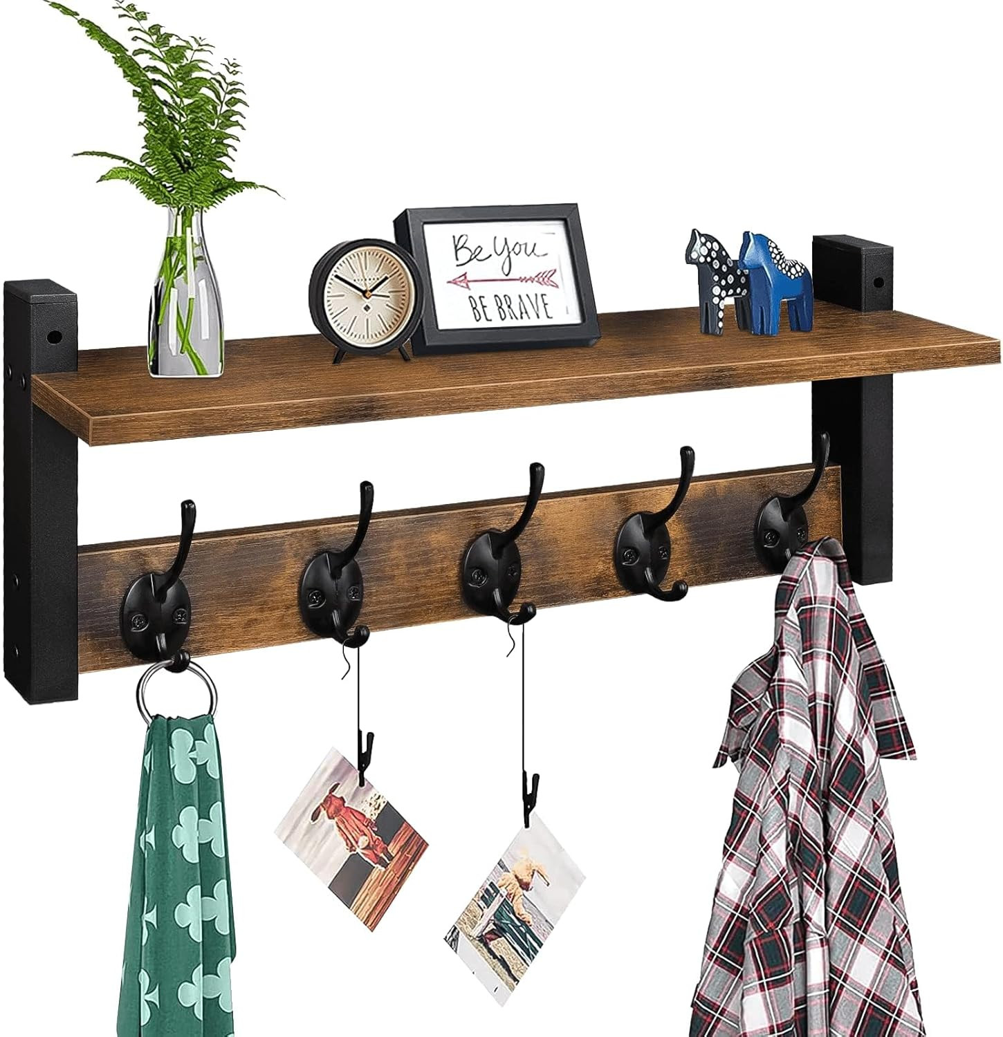 Wooden Wall-Mounted Coat Hanging Rack with Shelf and Hooks, Rustic - Brown Black gallery